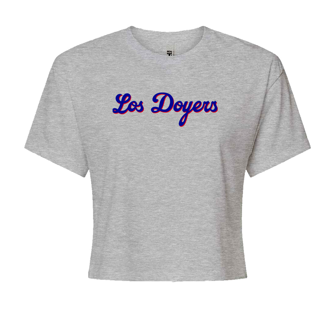 Los Doyers script design printed on a women's boxy crop T-shirt with crew neck and short sleeves