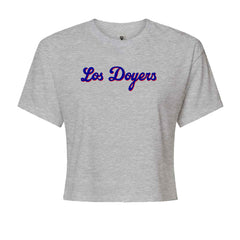 Los Doyers script design printed on a women's boxy crop T-shirt with crew neck and short sleeves