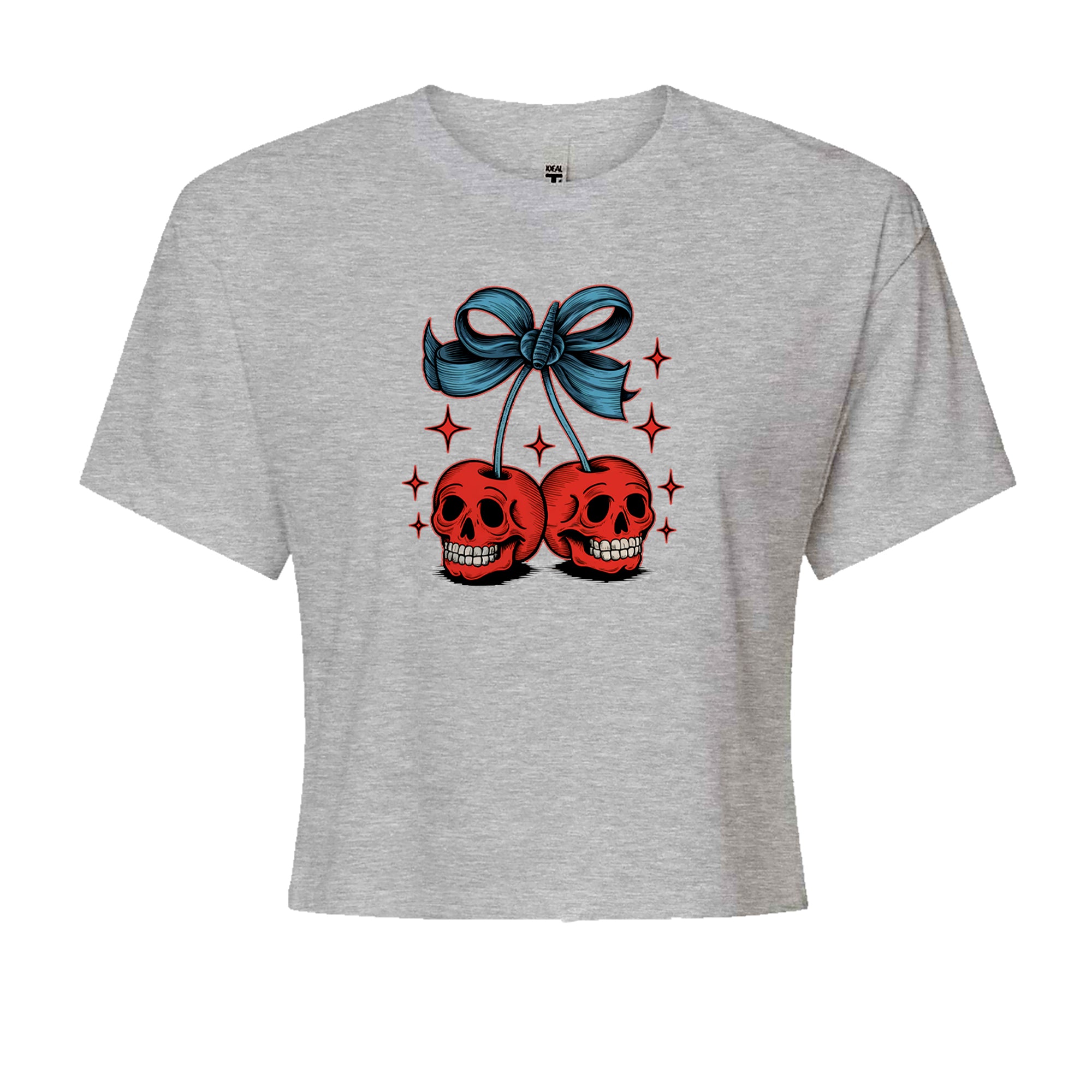 Cherry Skulls Retro Tattoo Cropped T-Shirt Heather Grey