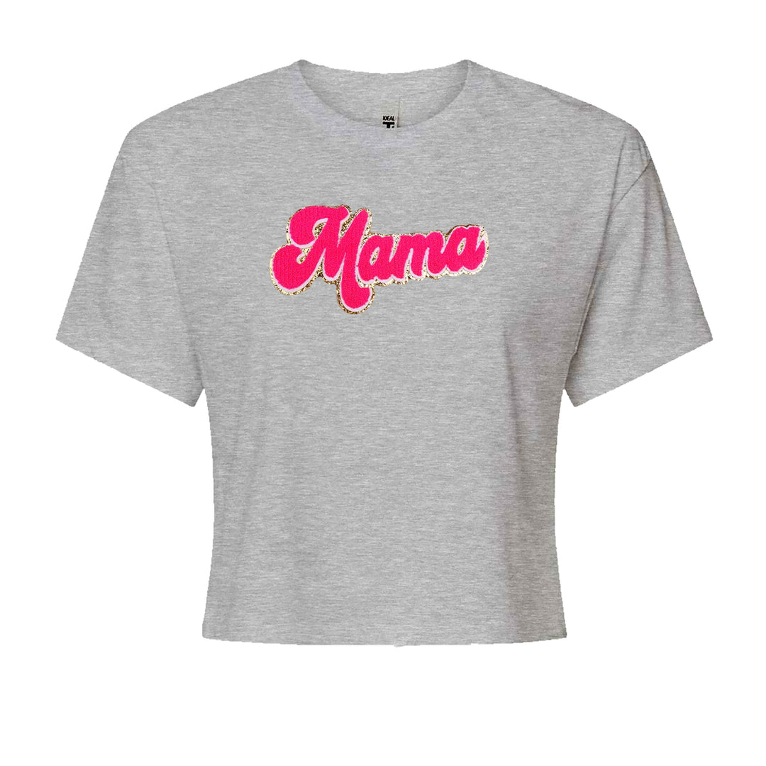 Mama Hot Pink Glitter Chenille Patch Cropped T-Shirt Heather Grey