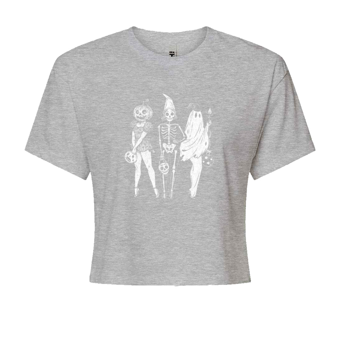 Vintage Spooky Squad Pinup Halloween Design Cropped T-Shirt Heather Grey
