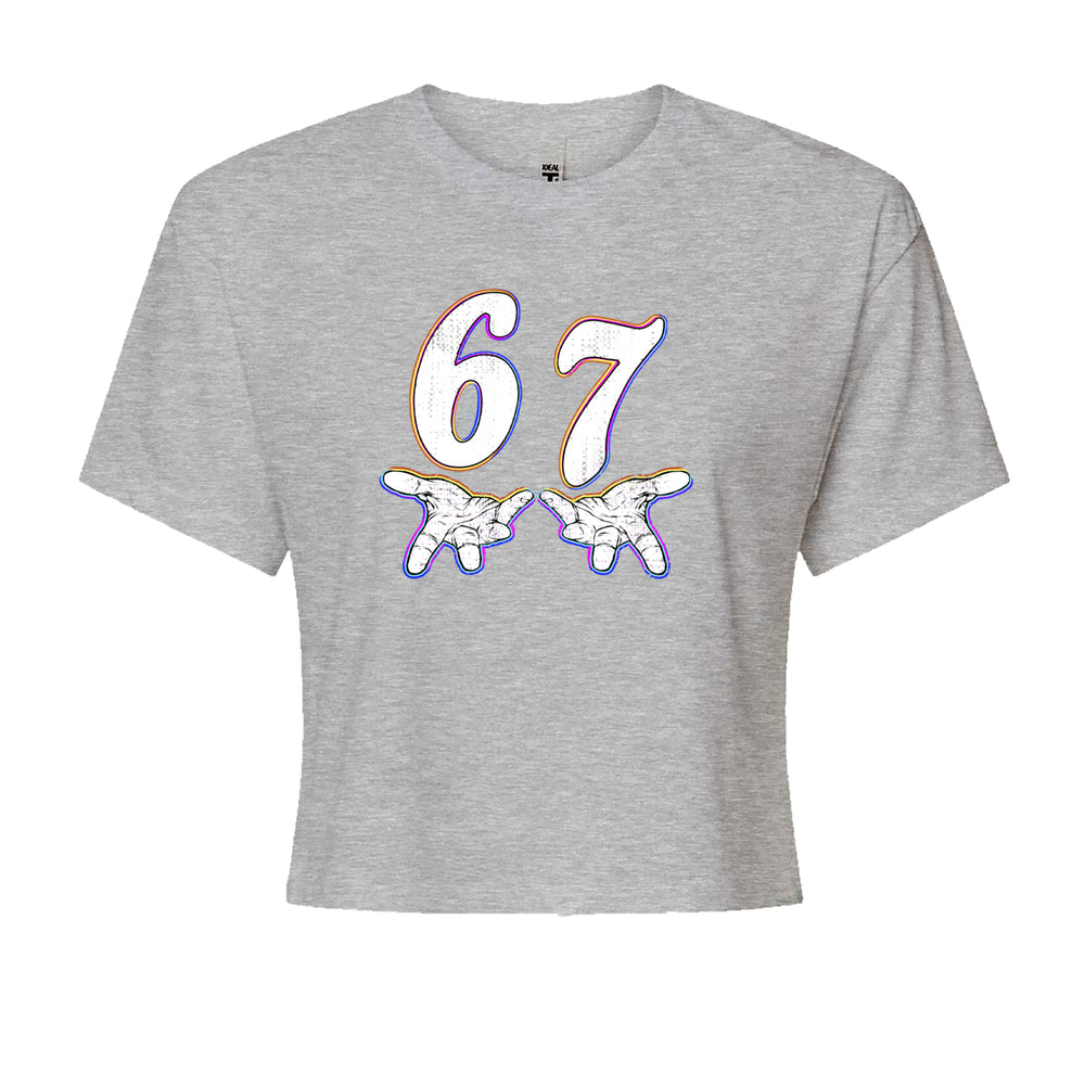 67 Hands Meme Viral Drill graphic on Women's Boxy Crop T-Shirt in Heather Grey