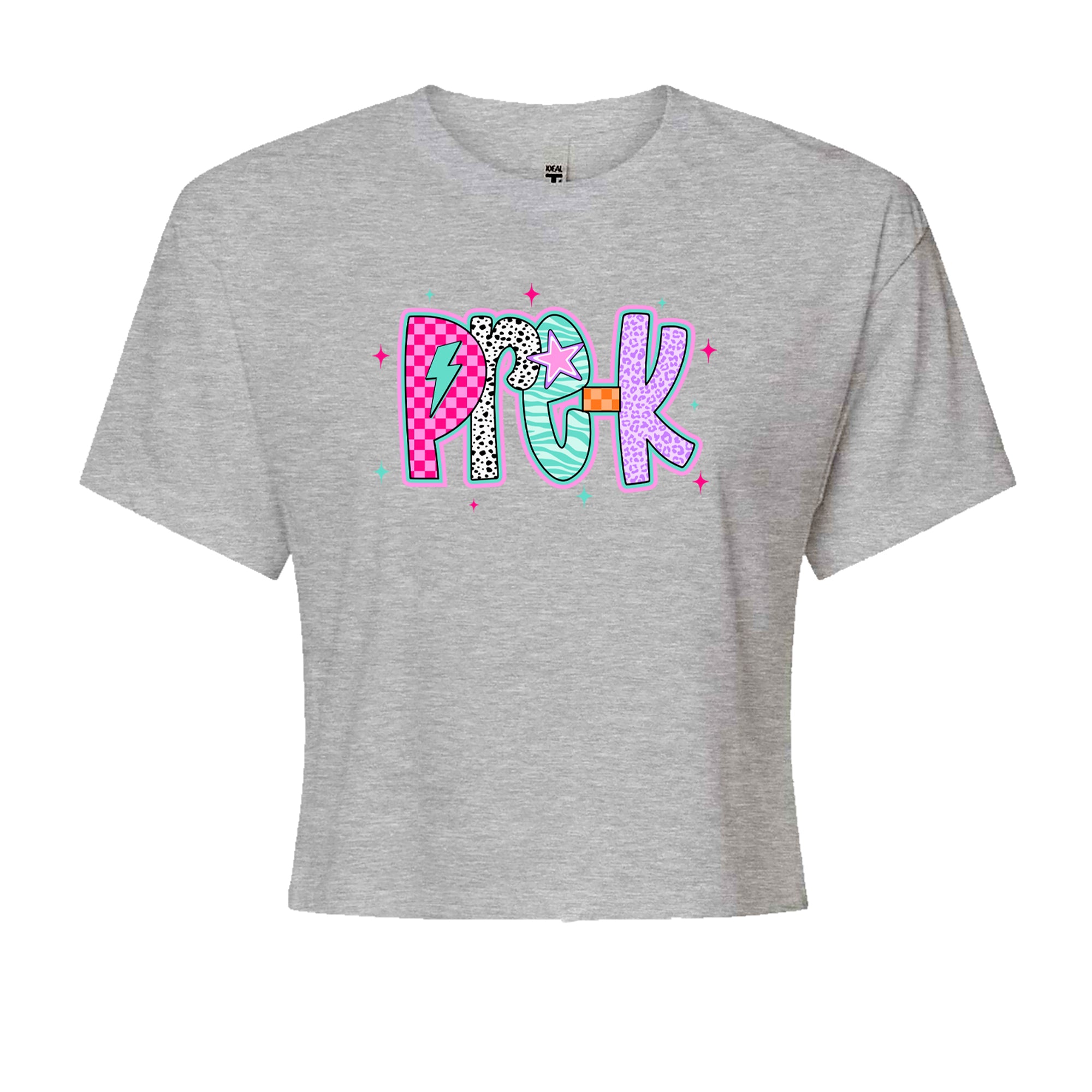 Pre-K Party Time Colorful Back to School Cropped T-Shirt Heather Grey