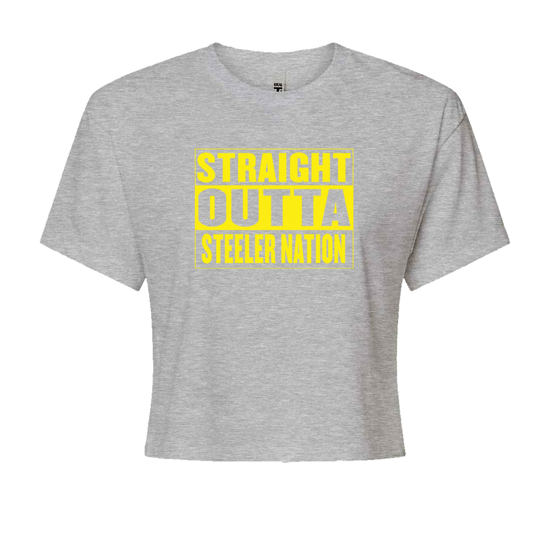 Straight Outta Steeler Nation Football graphic on Women's Boxy Crop T-Shirt in Heather Grey
