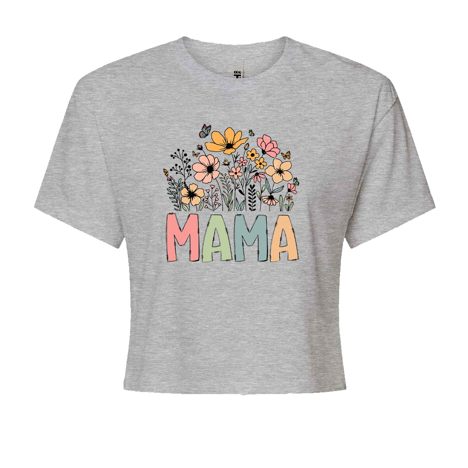 Mama Wildflower Retro Flower Cropped T-Shirt Heather Grey