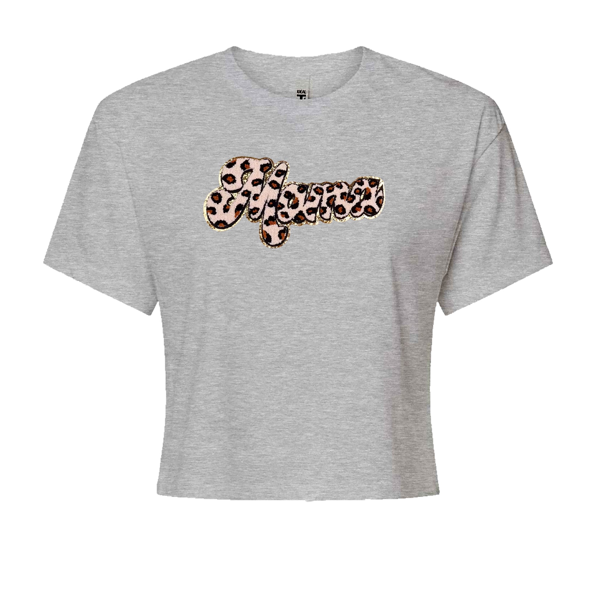 Mama Cheetah Print Glitter Chenille Patch Cropped T-Shirt Heather Grey