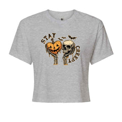 Stay Creepy Skull and Pumpkin Halloween Cropped T-Shirt Heather Grey