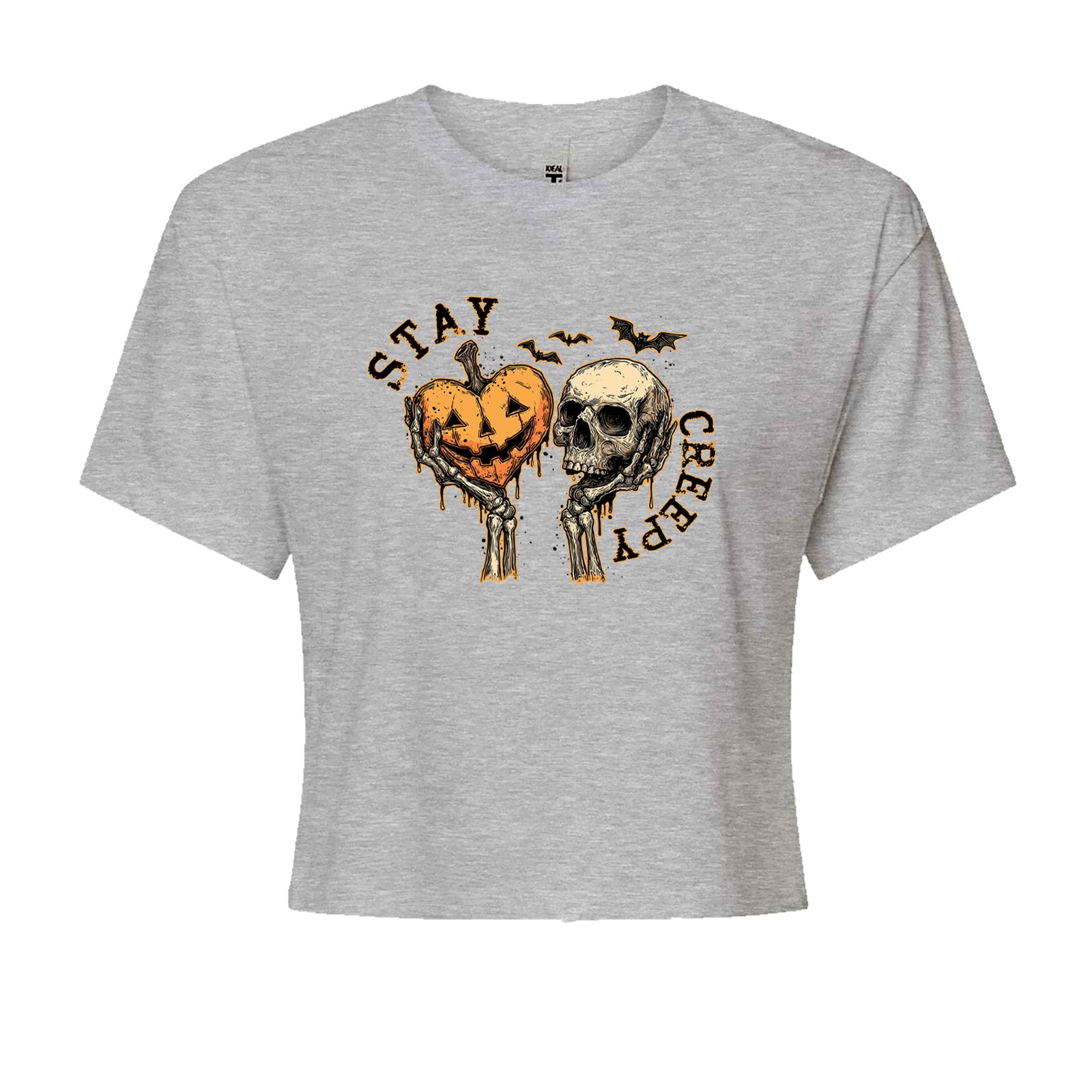 Stay Creepy Skull and Pumpkin Halloween Cropped T-Shirt Black