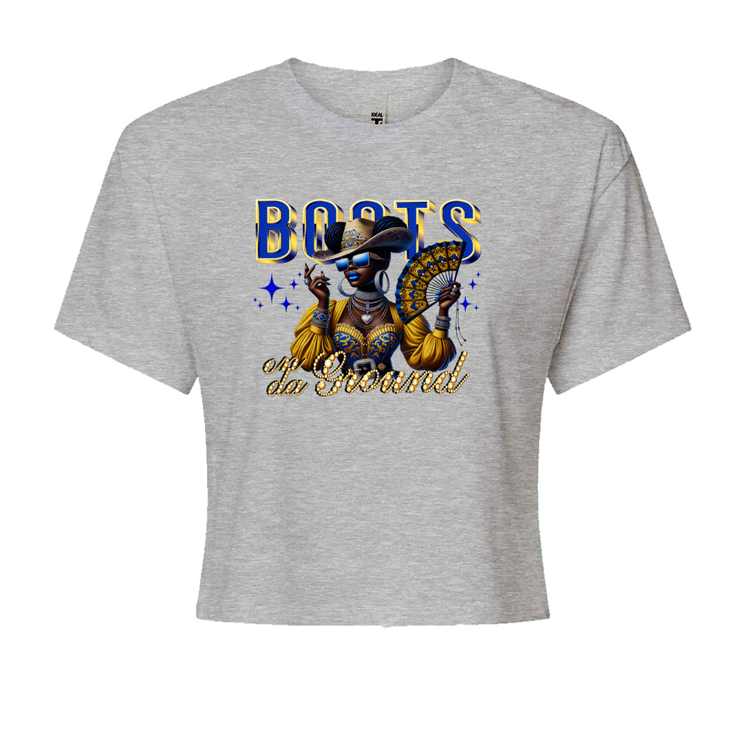 Boots On Da Ground Folding Fan Cropped T-Shirt Heather Grey