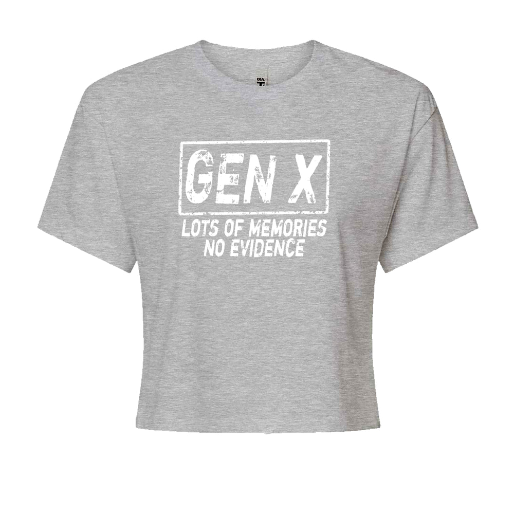 Gen X Lots of Memories No Evidence Nostalgia graphic on Women's Boxy Crop T-Shirt in Heather Grey