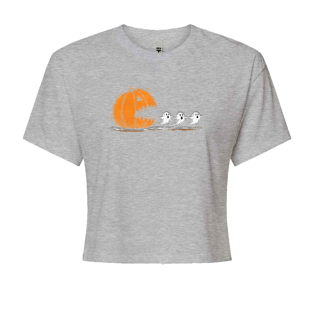 Pumpkin Pacman Chasing Ghosts Halloween Cropped T-Shirt Heather Grey