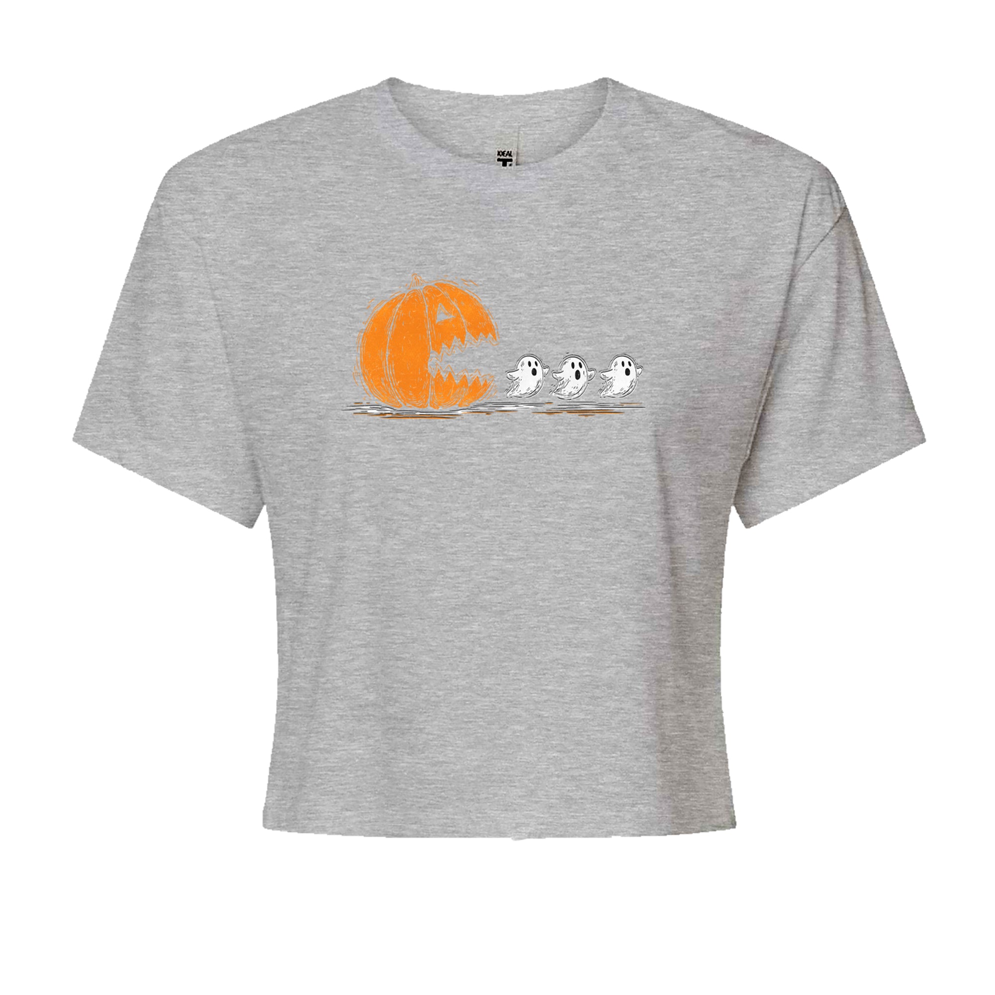Pumpkin Pacman Chasing Ghosts Halloween Cropped T-Shirt Black