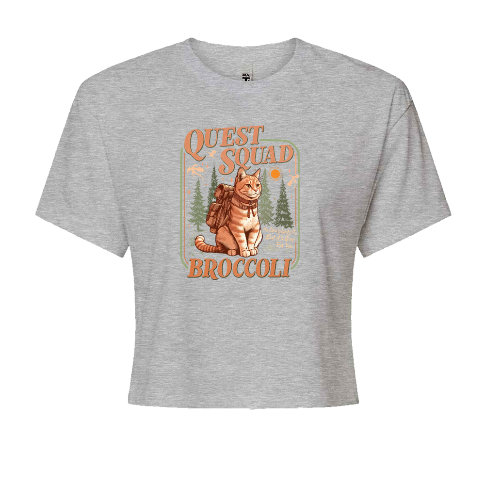Quest Squad Broccoli Cat Fantasy Reader graphic on Women's Boxy Crop T-Shirt in Heather Grey