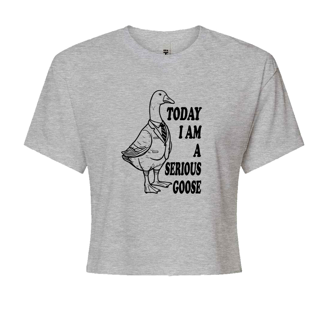 Women's boxy crop T-shirt with a suit-and-tie goose graphic and bold serious-goose humor text