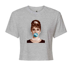 Audrey Hepburn Chewing Bubble Gum American Icon Cropped T-Shirt Heather Grey
