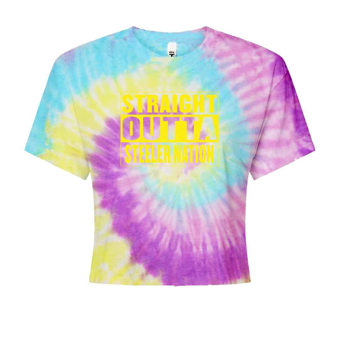Straight Outta Steeler Nation Football graphic on Women's Boxy Crop T-Shirt in Jelly Bean