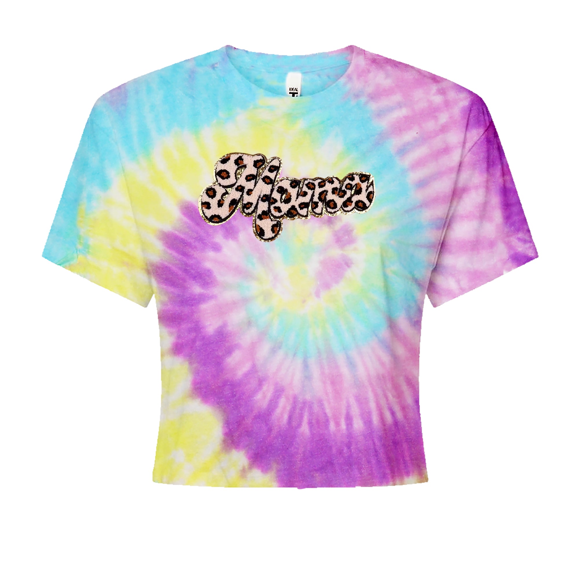 Mama Cheetah Print Glitter Chenille Patch Cropped T-Shirt Jelly Bean