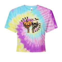 Stay Creepy Skull and Pumpkin Halloween Cropped T-Shirt Jelly Bean