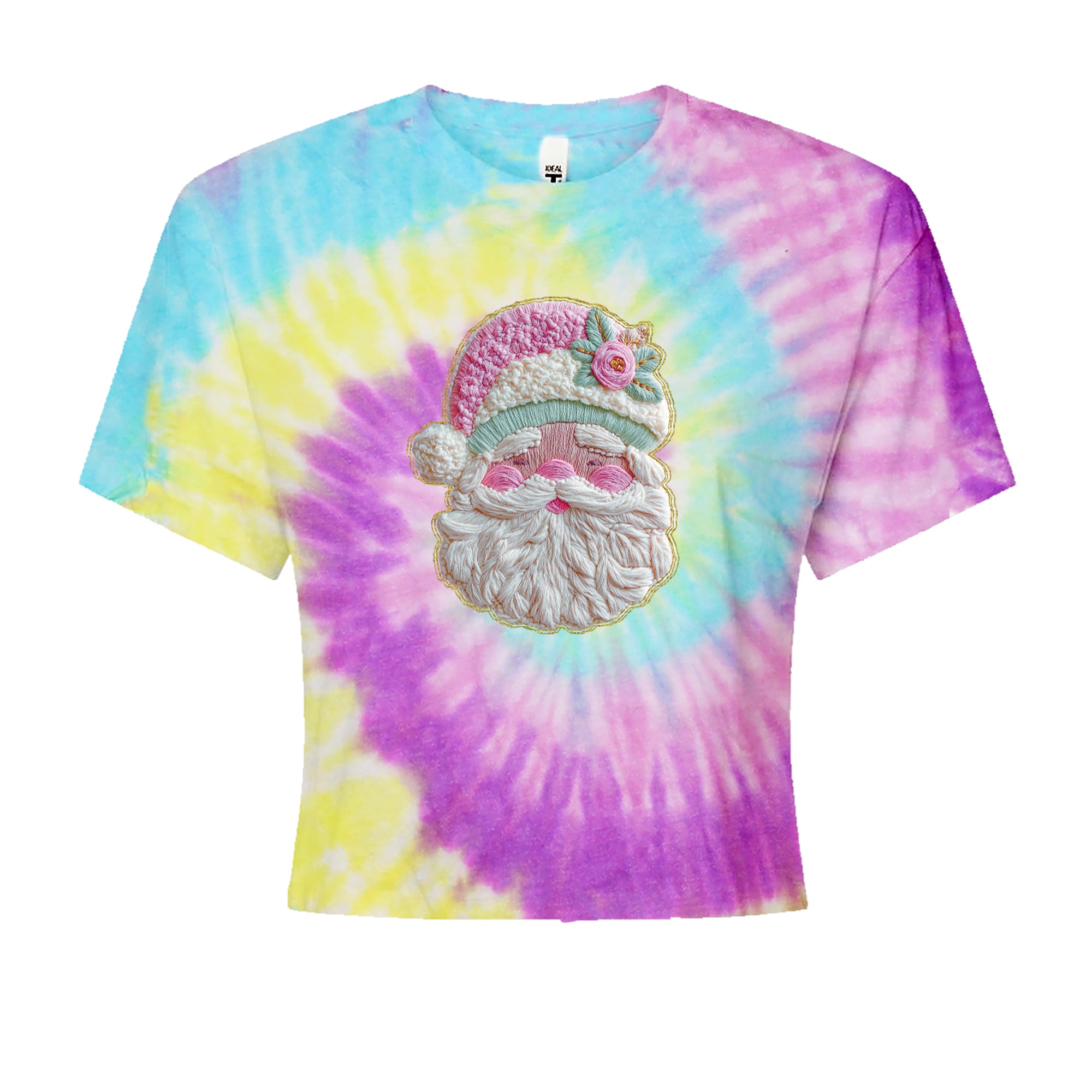 Vintage Santa Embroidery Art Soft Cottagecore Cropped T-Shirt Jelly Bean