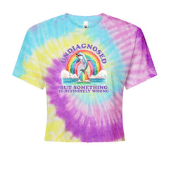 Rainbow dolphin graphic on a Women's Boxy Crop T-Shirt with crew neck and short sleeves