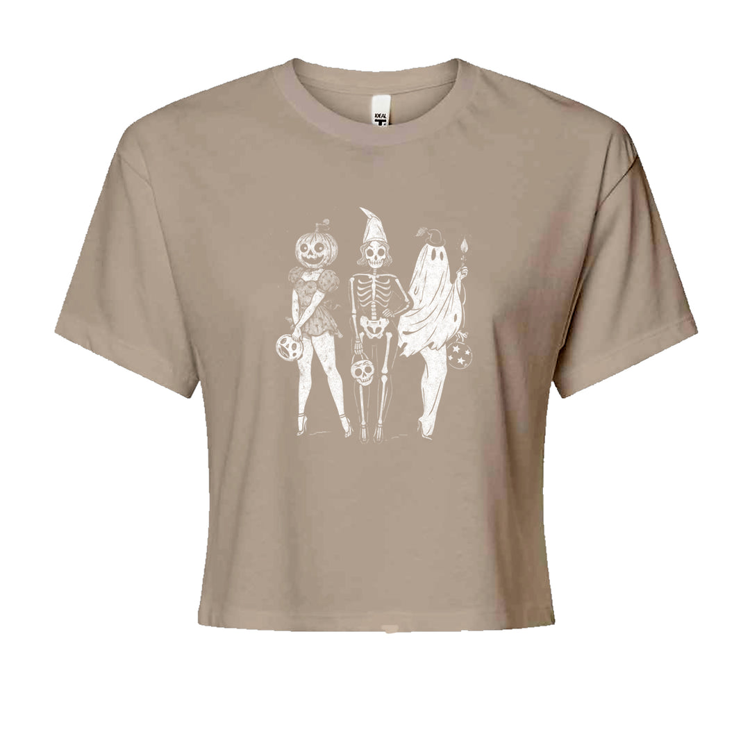 Vintage Spooky Squad Pinup Halloween Design Cropped T-Shirt Khaki
