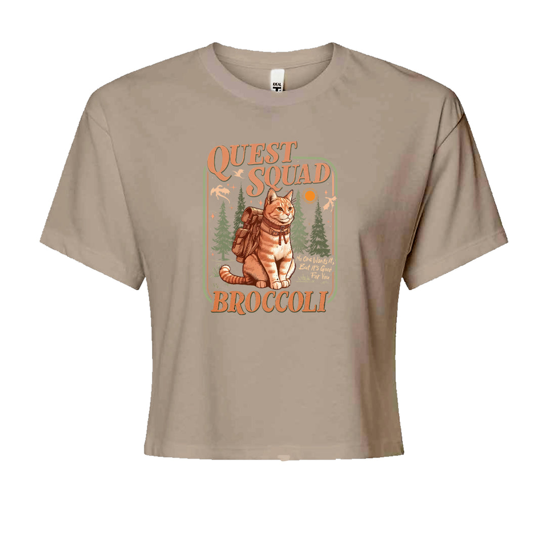 Quest Squad Broccoli Cat Fantasy Reader  Cropped T-Shirt Khaki