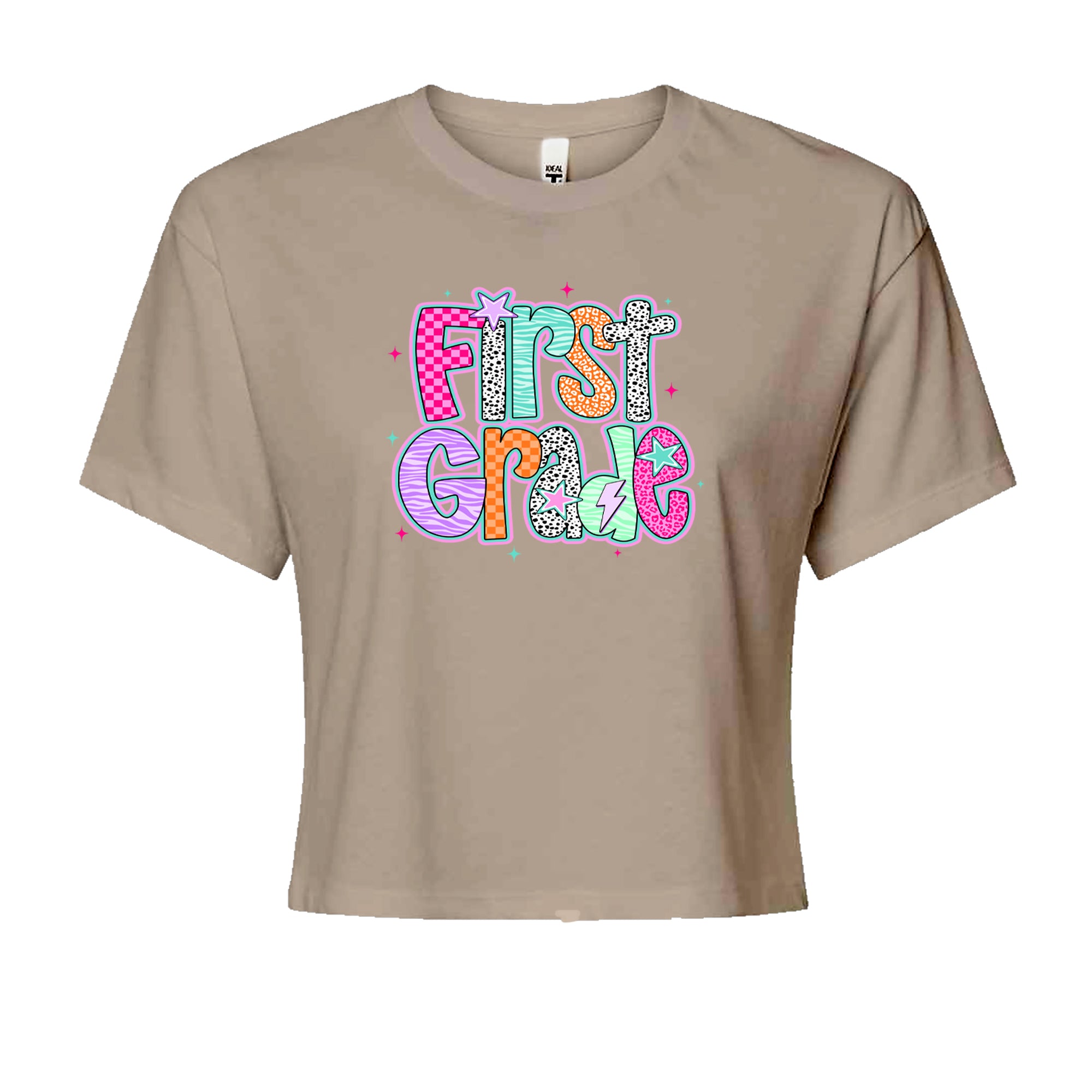 First Grade Vibes Colorful Back to School Cropped T-Shirt Khaki