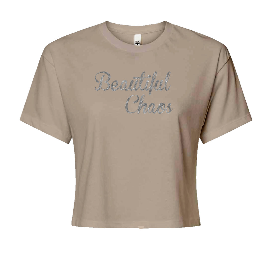 Beautiful Chaos Glitter Music Festival Cropped T-Shirt Khaki