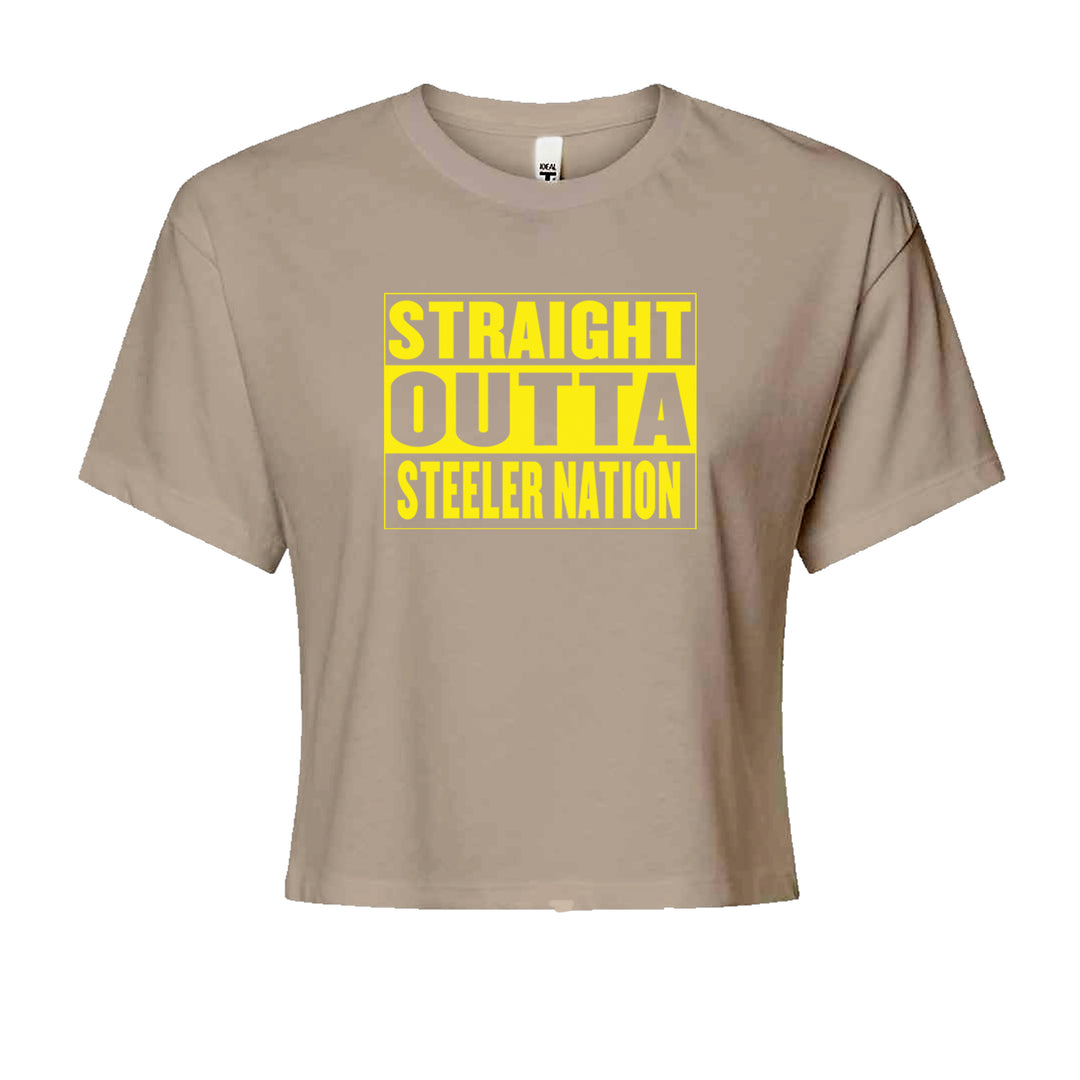 Straight Outta Steeler Nation Football graphic on Women's Boxy Crop T-Shirt in Khaki