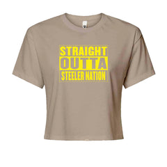 Straight Outta Steeler Nation Football graphic on Women's Boxy Crop T-Shirt in Khaki