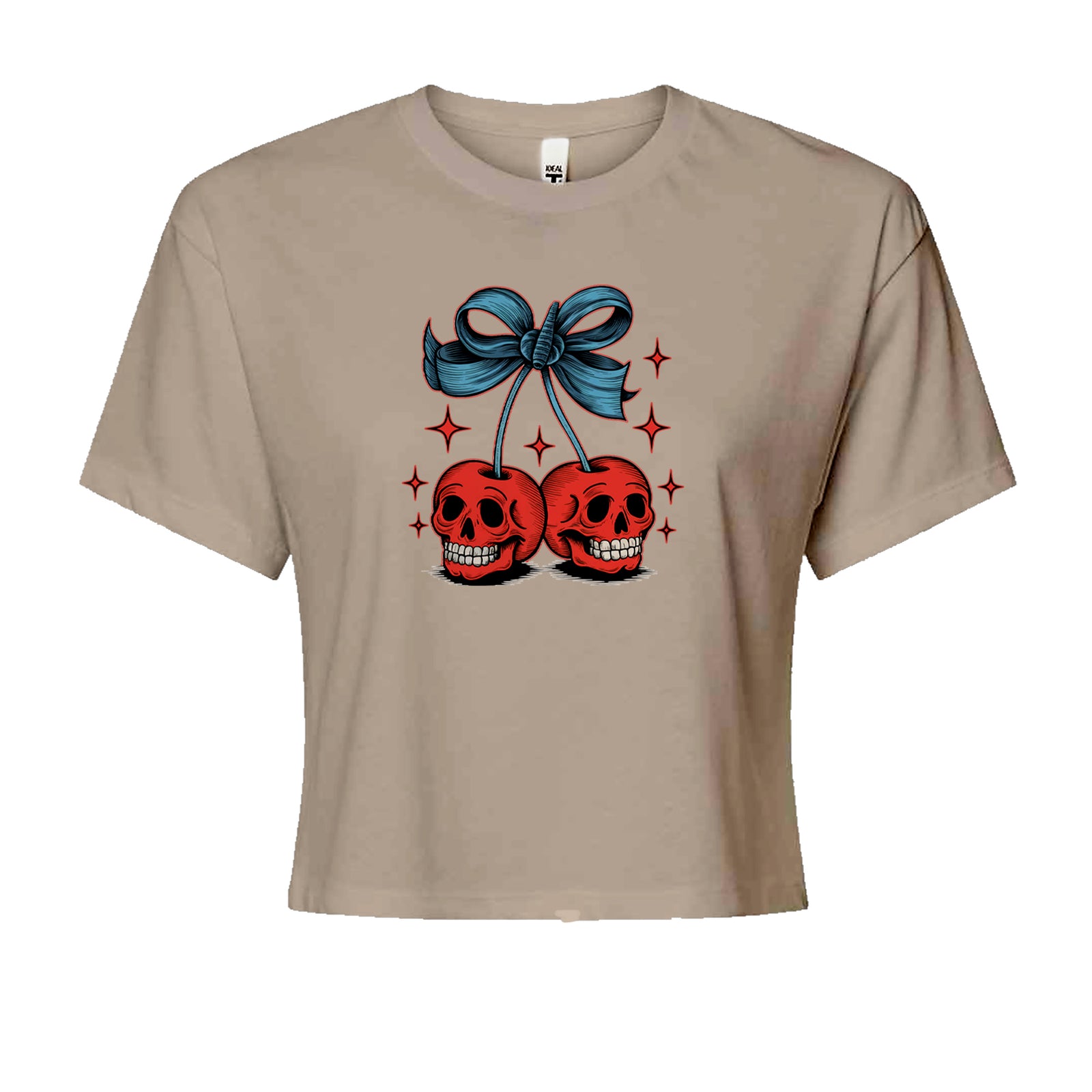 Cherry Skulls Retro Tattoo Cropped T-Shirt Khaki
