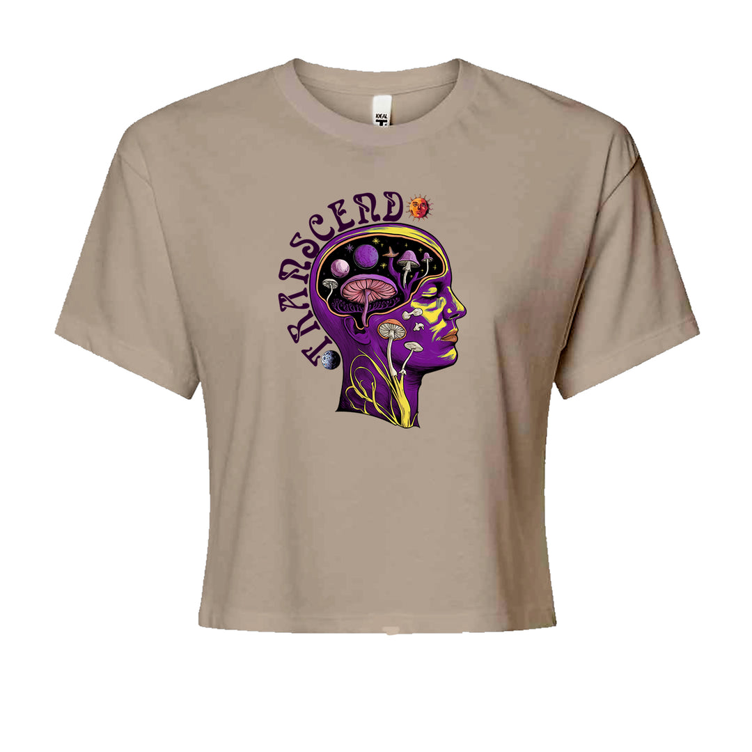 Psychedelic Cosmic Mushroom Head Cropped T-Shirt Khaki