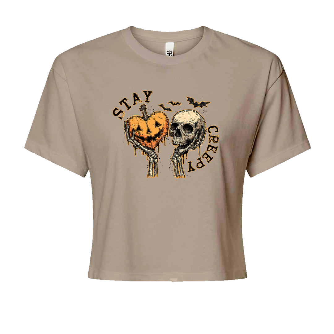 Stay Creepy Skull and Pumpkin Halloween Cropped T-Shirt Khaki