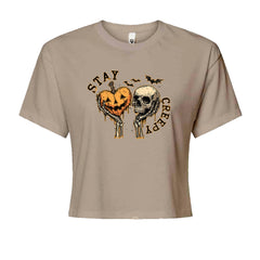 Stay Creepy Skull and Pumpkin Halloween Cropped T-Shirt Khaki