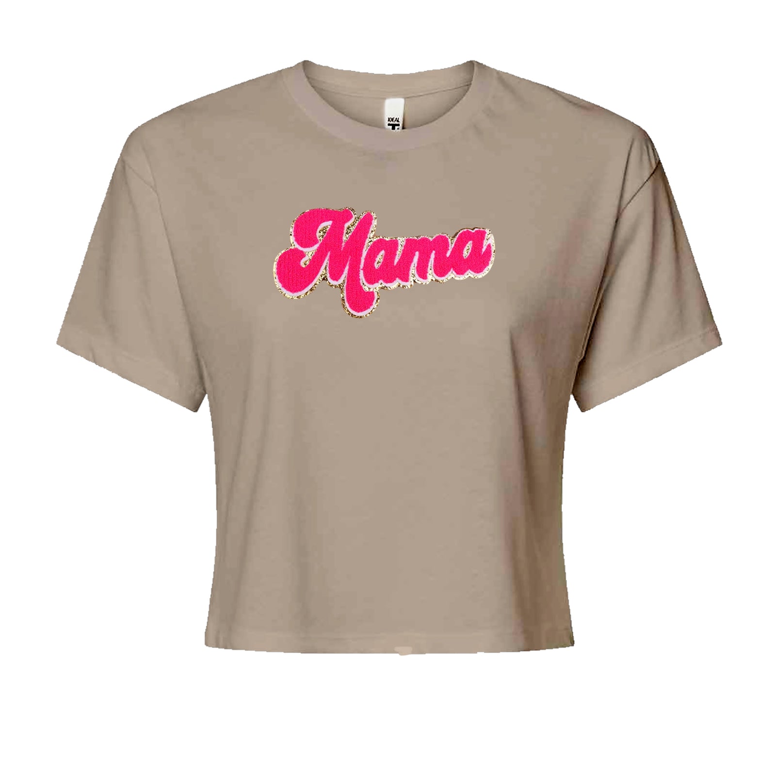 Mama Hot Pink Glitter Chenille Patch Cropped T-Shirt Khaki