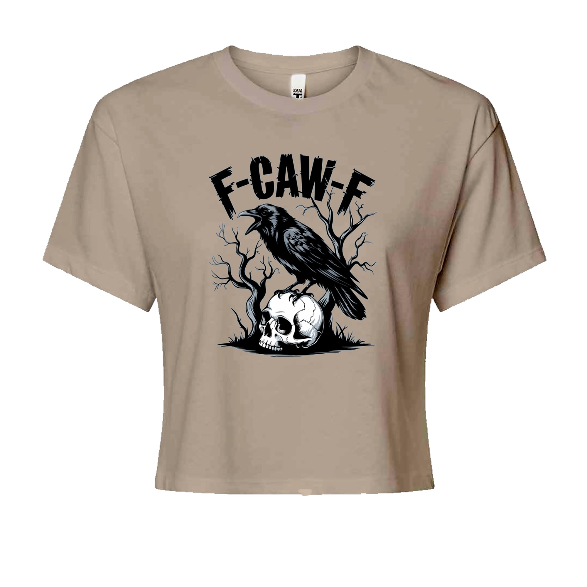 F-Caw-F Crow On Skull F-ck Off Gothic Cropped T-Shirt Khaki