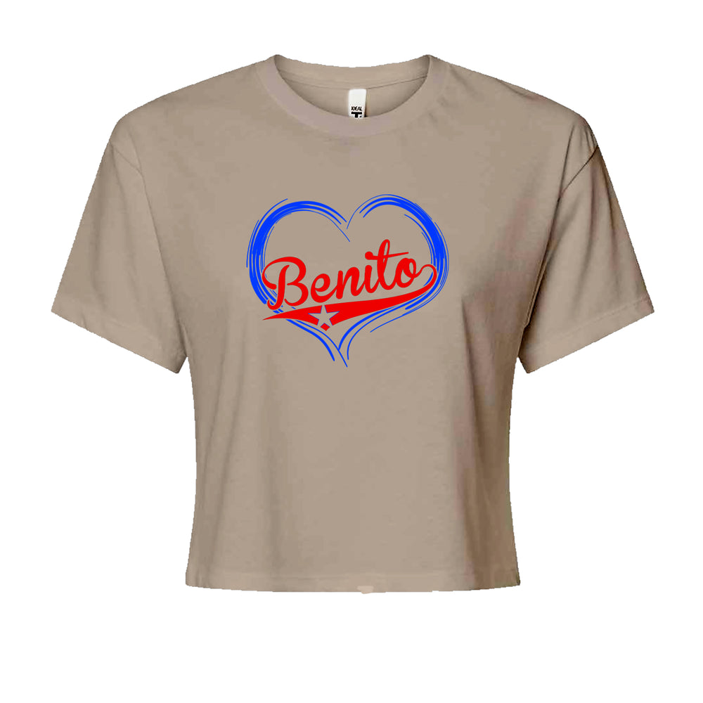 Benito Heart Puerto Rico graphic on Women's Boxy Crop T-Shirt in Khaki