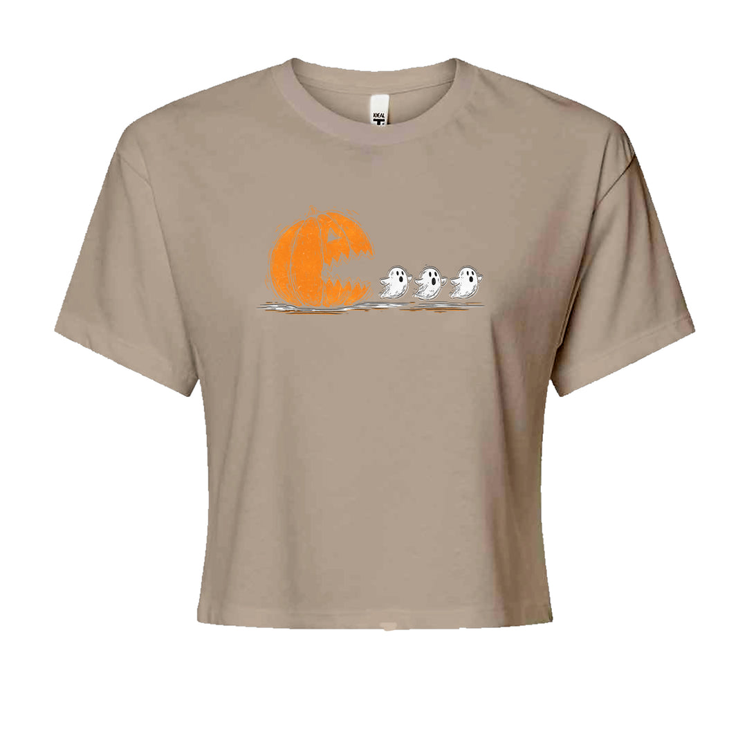 Pumpkin Pacman Chasing Ghosts Halloween Cropped T-Shirt Khaki