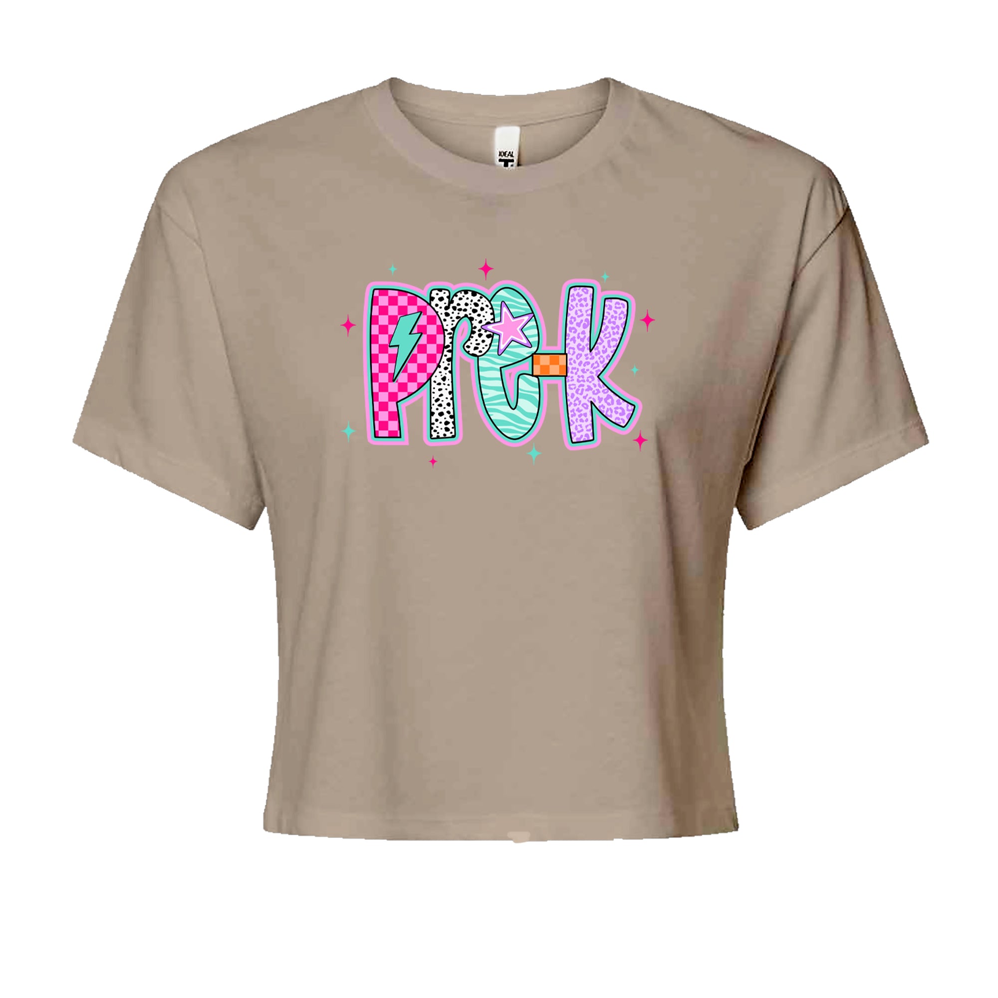Pre-K Party Time Colorful Back to School Cropped T-Shirt Khaki