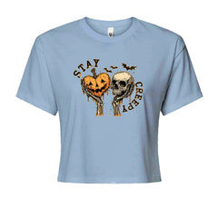 Stay Creepy Skull and Pumpkin Halloween Cropped T-Shirt Light Blue