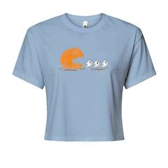 Pumpkin Pacman Chasing Ghosts Halloween Cropped T-Shirt Light Blue