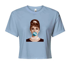 Audrey Hepburn Chewing Bubble Gum American Icon Cropped T-Shirt Light Blue