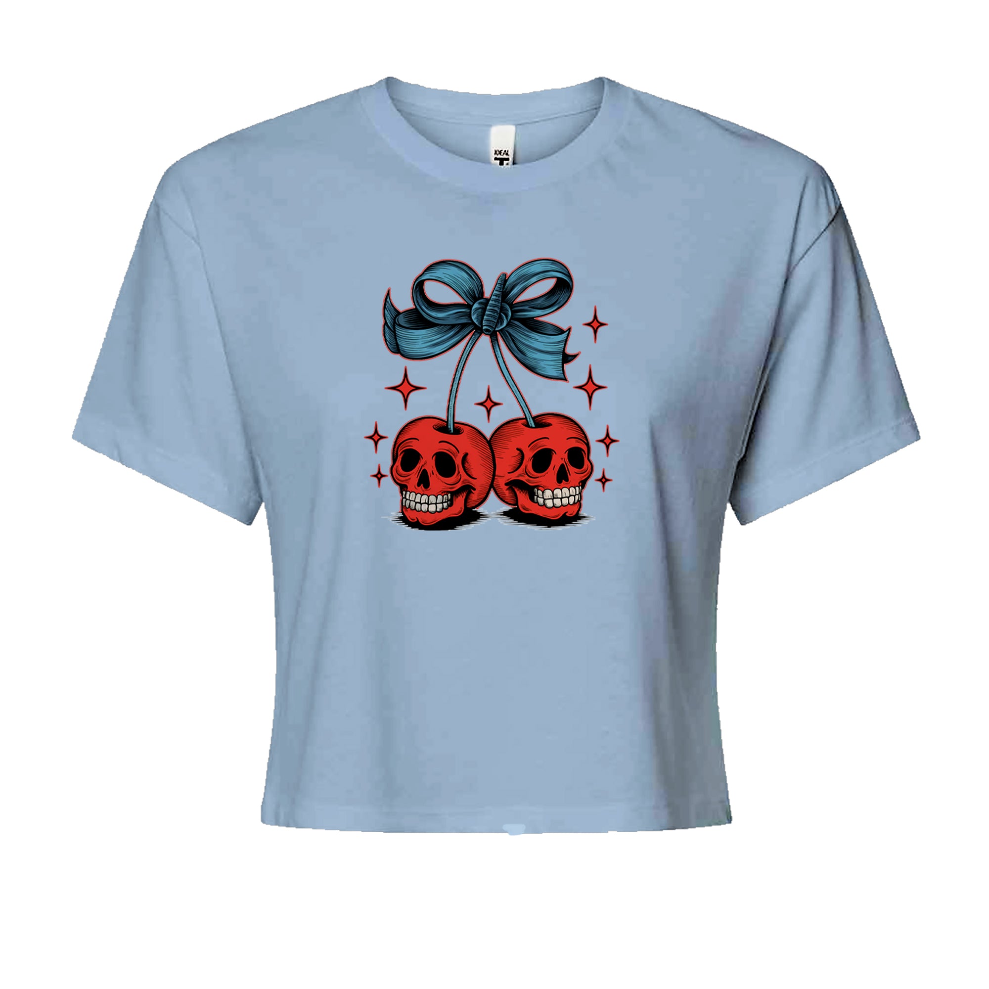 Cherry Skulls Retro Tattoo Cropped T-Shirt Light Blue
