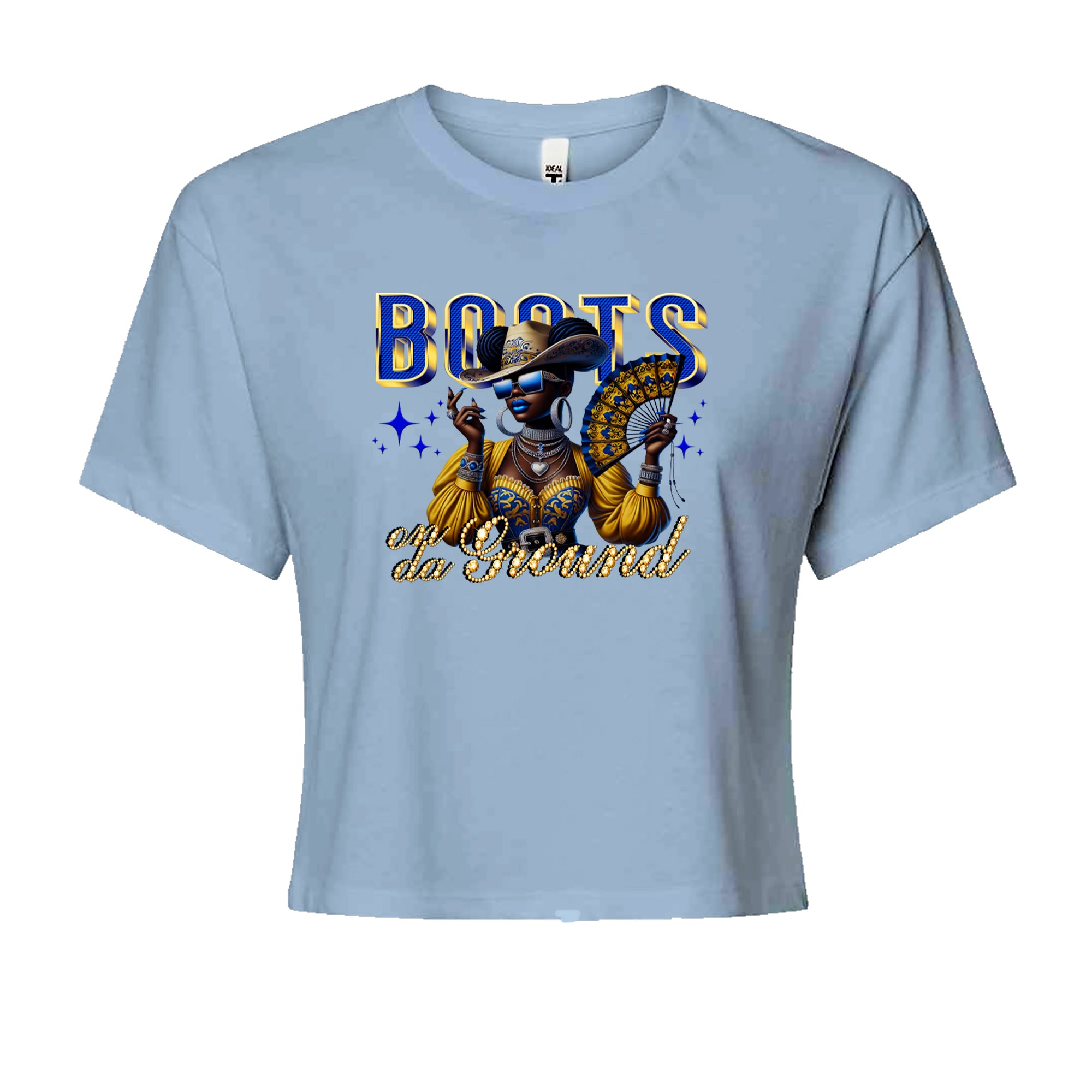 Boots On Da Ground Folding Fan Cropped T-Shirt Light Blue