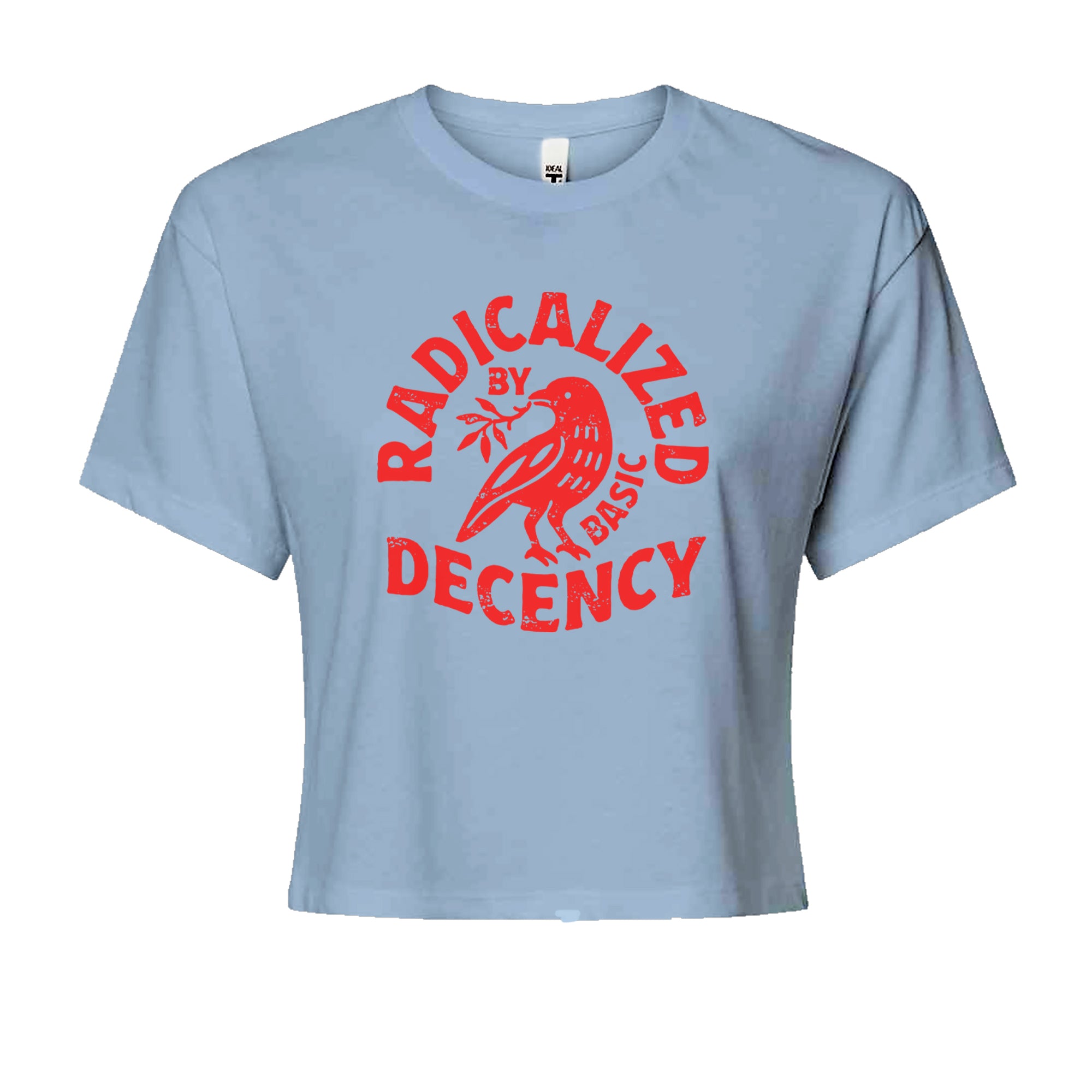 Radicalized by Basic Decency Dove Protest Statement Cropped T-Shirt Light Blue