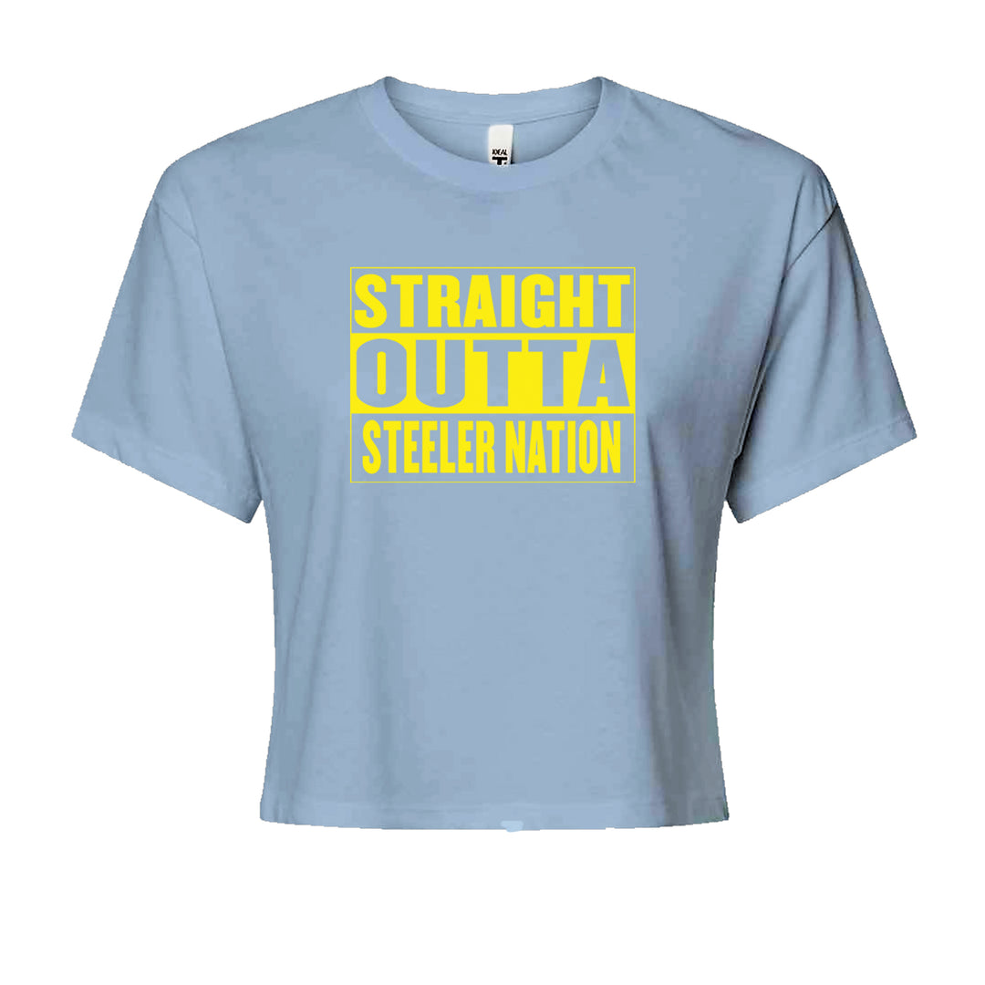 Straight Outta Steeler Nation Football graphic on Women's Boxy Crop T-Shirt in Light Blue