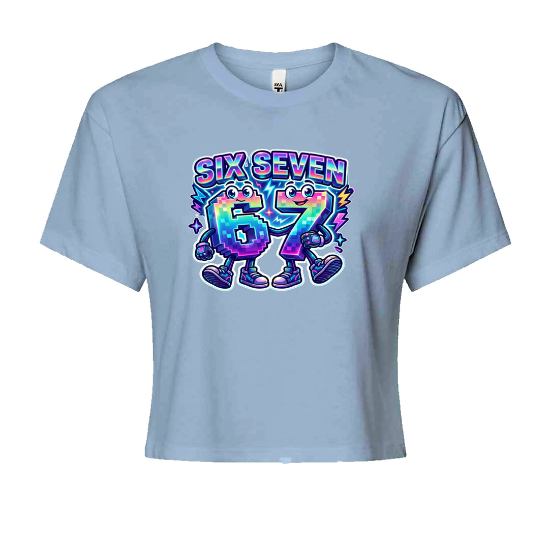 Six Seven 67 Retro Pixel Buddies Cropped T-Shirt Light Blue