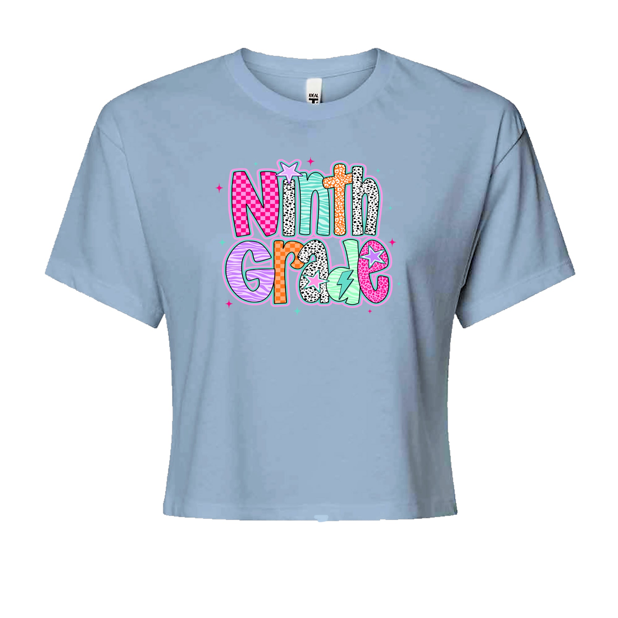 Ninth Grade Freshman Vibes Colorful Back to School Cropped T-Shirt Light Blue