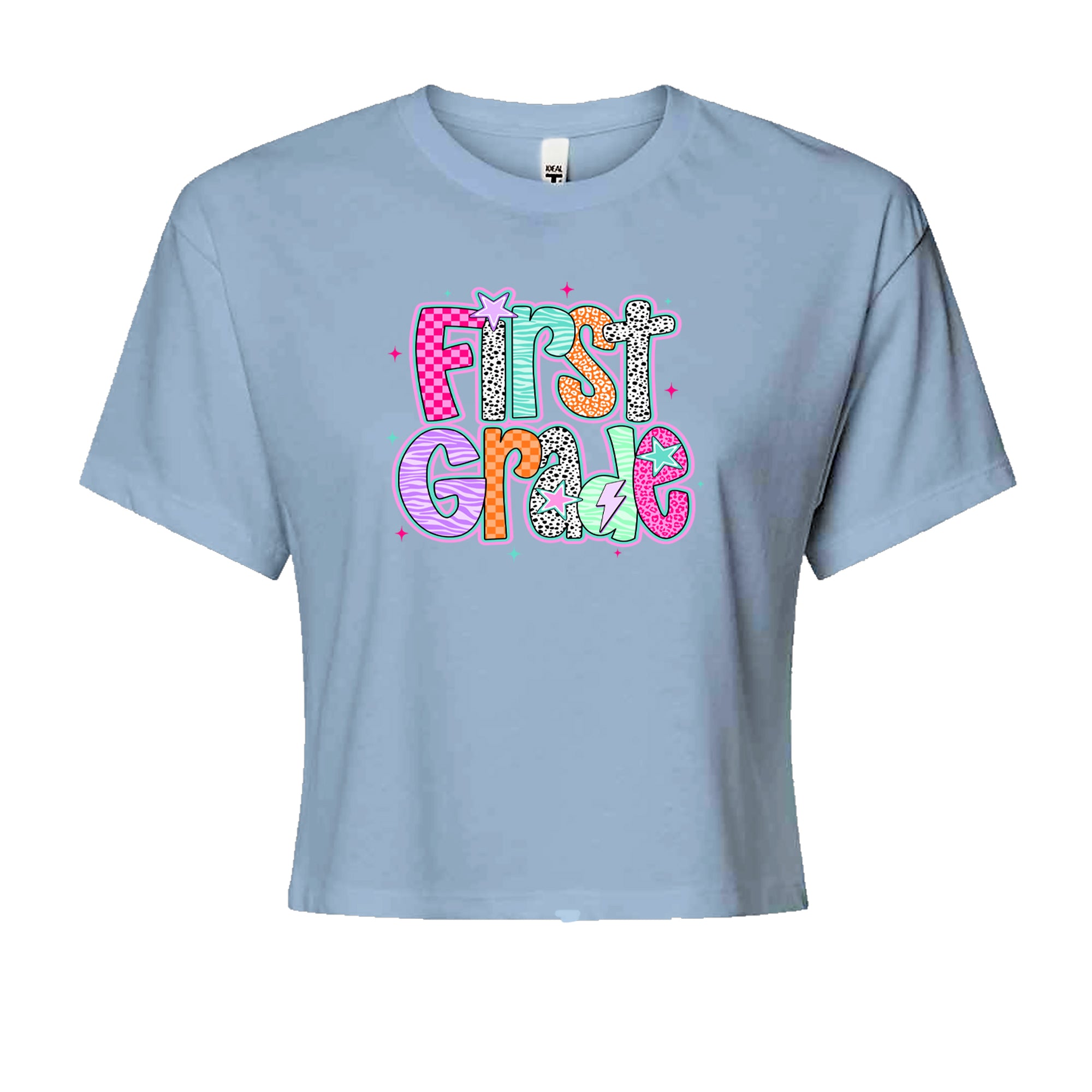 First Grade Vibes Colorful Back to School Cropped T-Shirt Light Blue