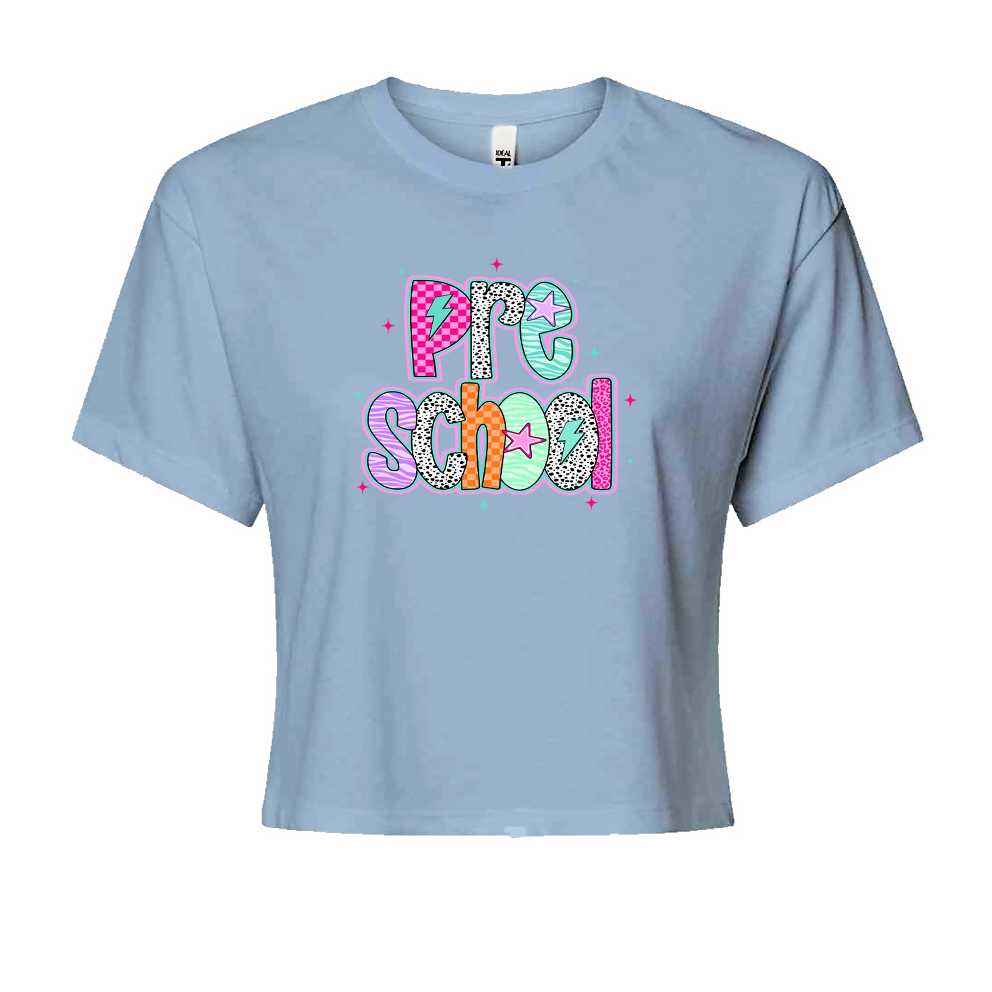 Preschool Power Colorful Back to School Cropped T-Shirt Light Blue
